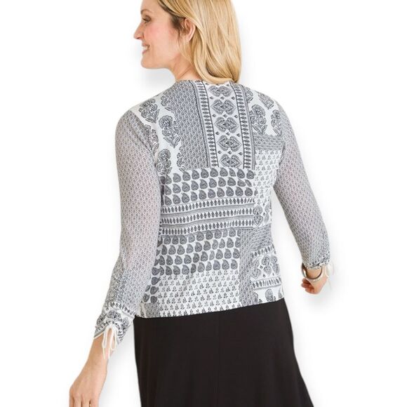 Chicos Black And White Printed Ruched-Sleeve Cardigan 2 Large Womens Lightweight - Picture 2 of 12